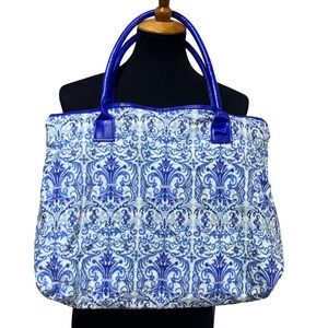 Mediterranean Blue White Floral Fleur de Lis scroll Zippered Tote Purse Handbag